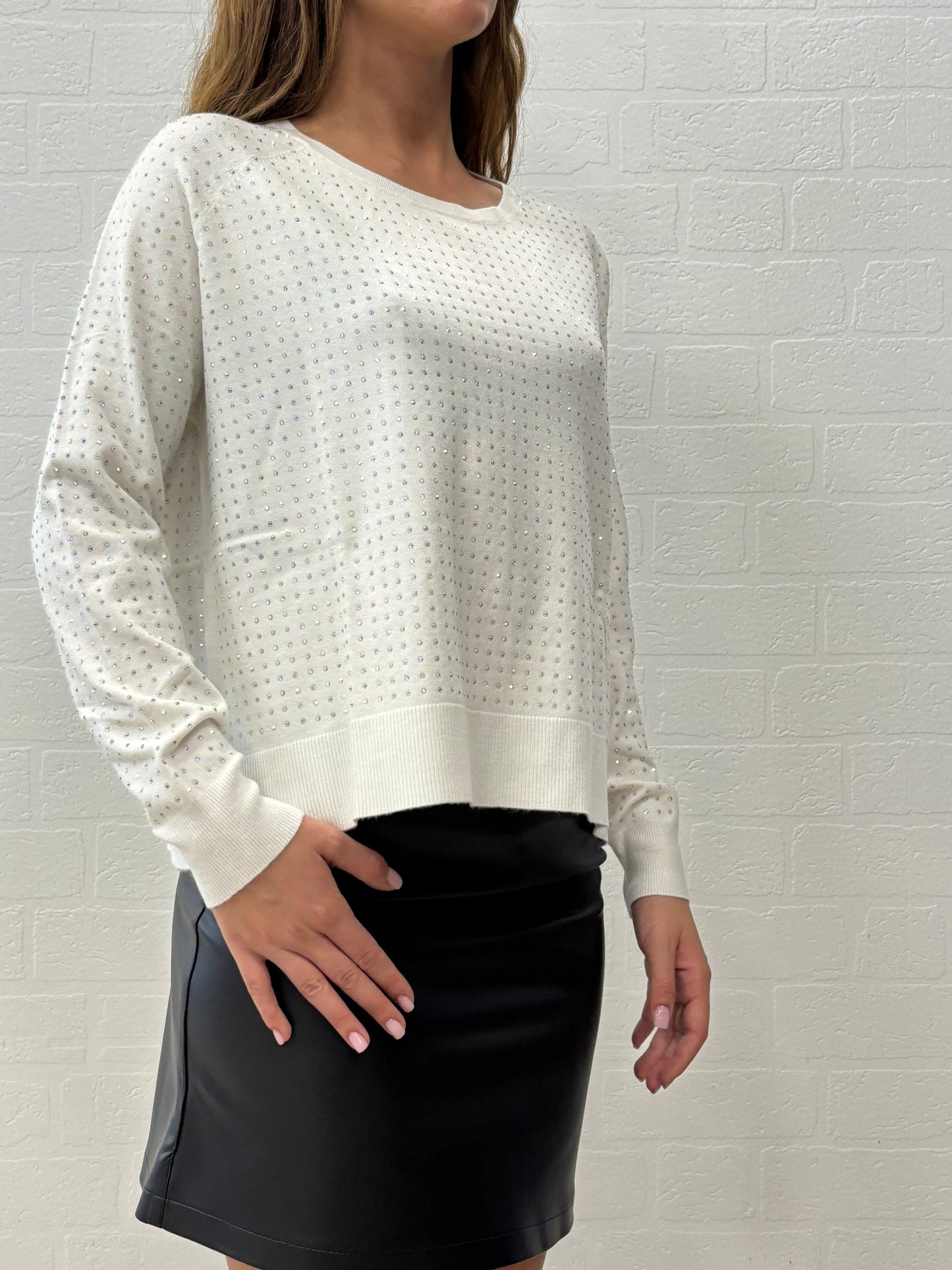 Griffai Maglia  ml girocollo con strass colorati PANNA