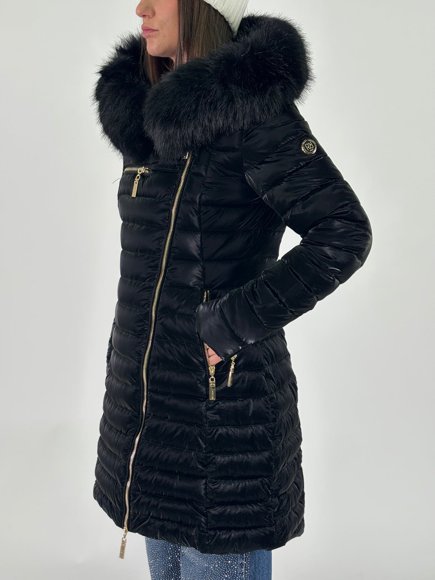 Relish Piumino lungo effetto satin con cappuccio NERO