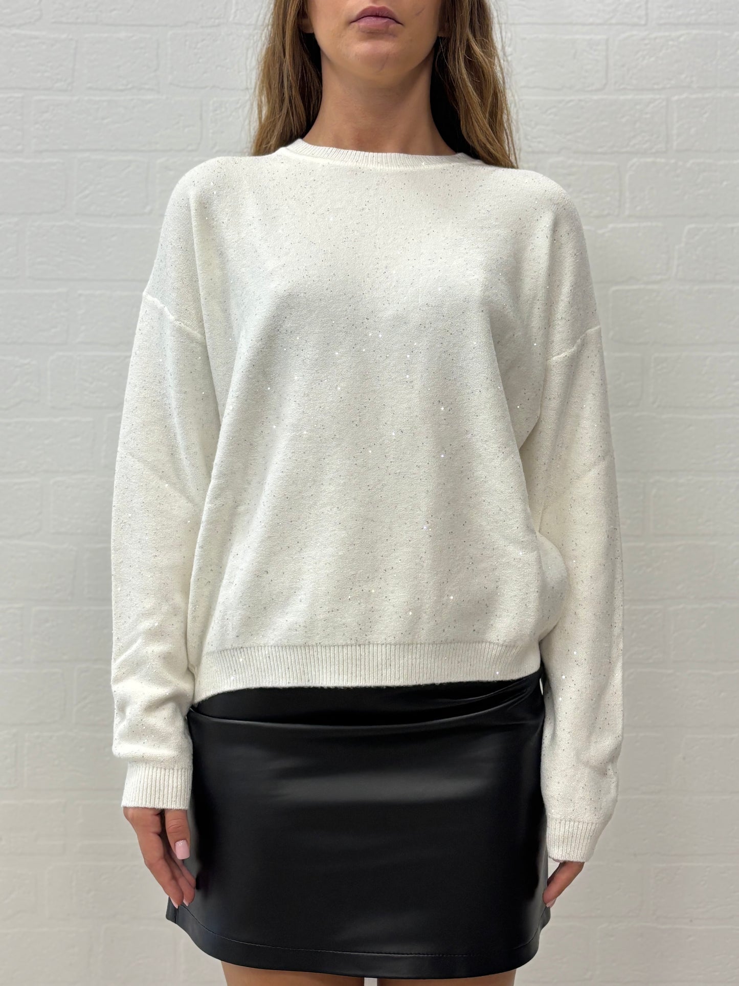 Griffai Maglia over girocollo ml con paillettes argento PANNA