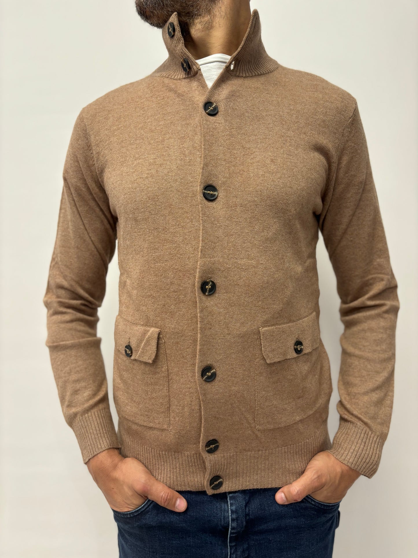 Loft88 giacca-maglia bottoni misto cashmere con toppe CAMMELLO