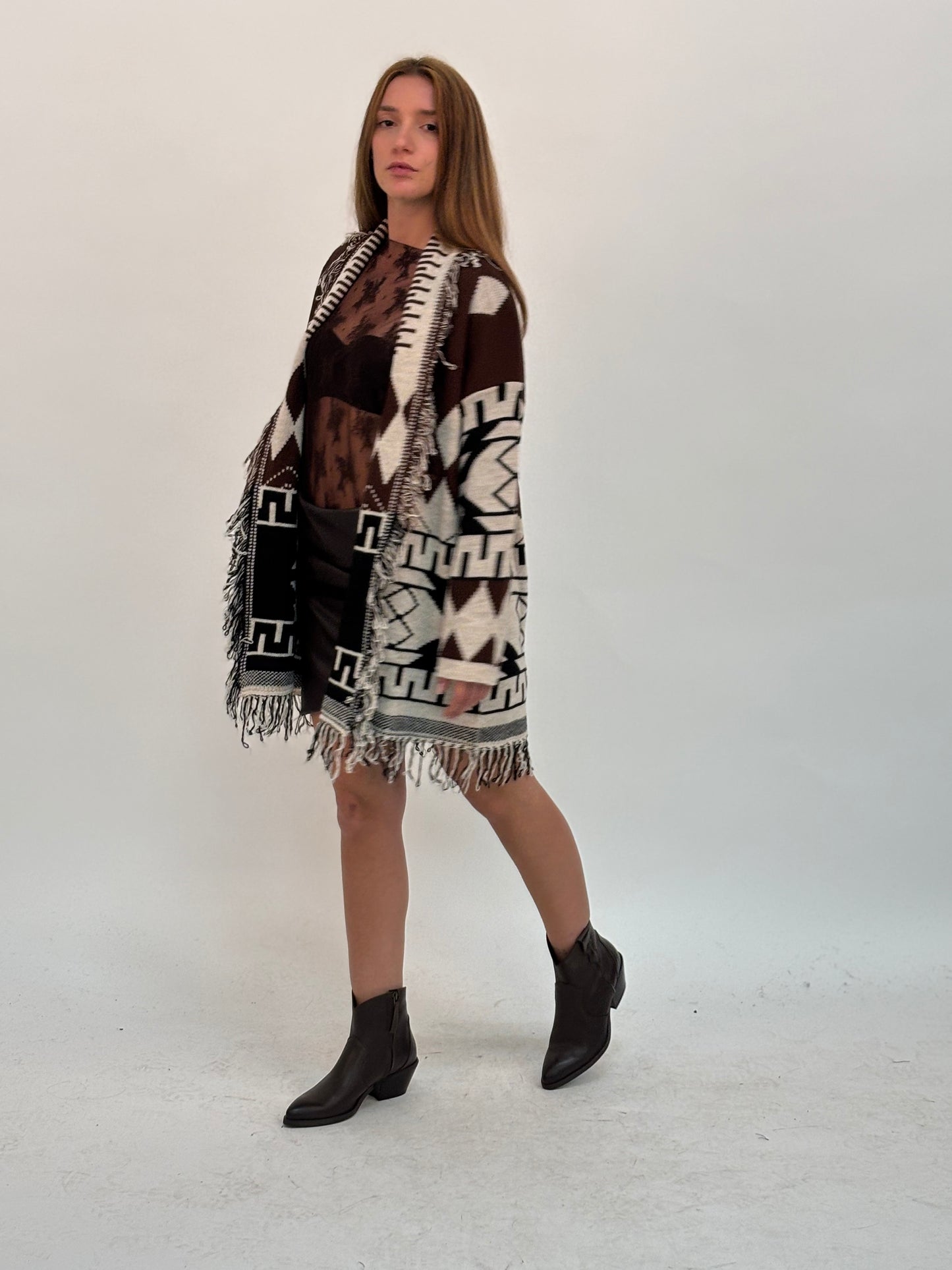 Susy Mix Cardigan etnico con frange NERO/PANNA/MARRONE