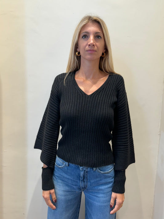 Kocca Maglia scollo v, a coste, m/l e polsini semi staccati NERO