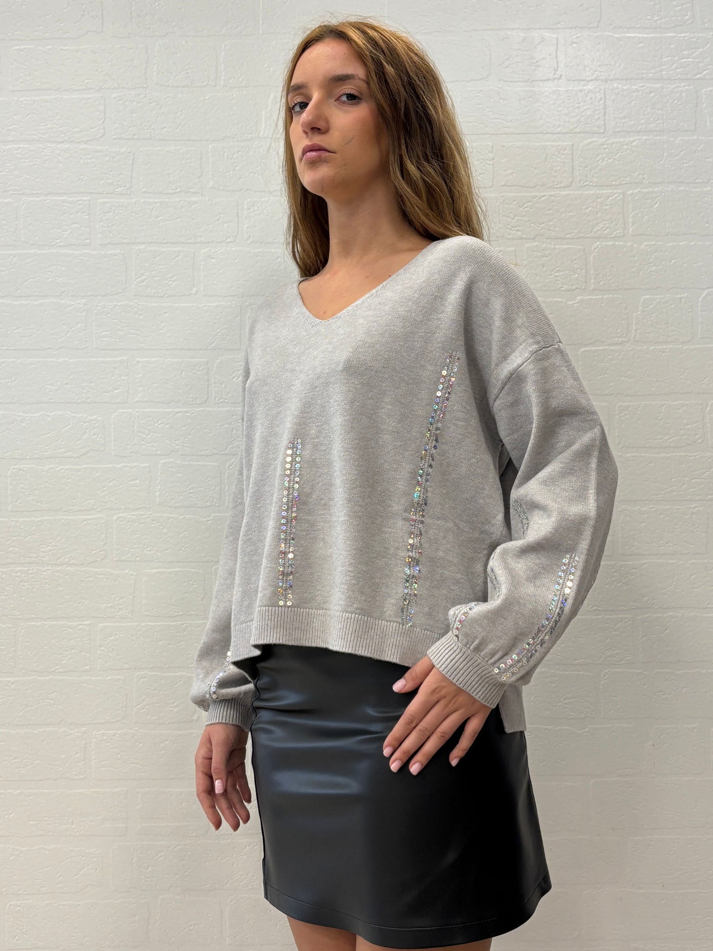 Griffai Maglia over collo V  con paillettes PERLA