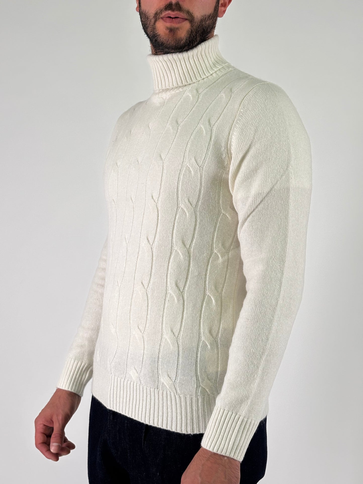 Loft88 Maglia collo alto trama trecce lana/cashmere PANNA