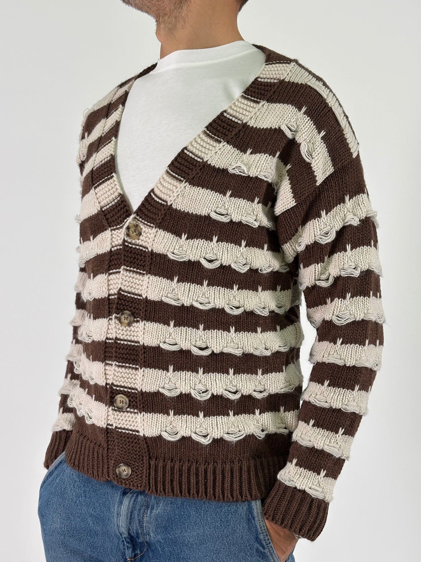 Berna Cardigan ml scollo V con fantasia rigata e rammendi BICOLORE