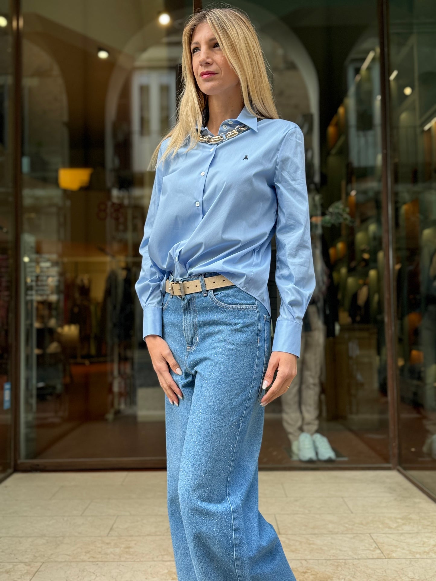 PATRIZIA PEPE camicia con spacco dietro cotone CELESTE