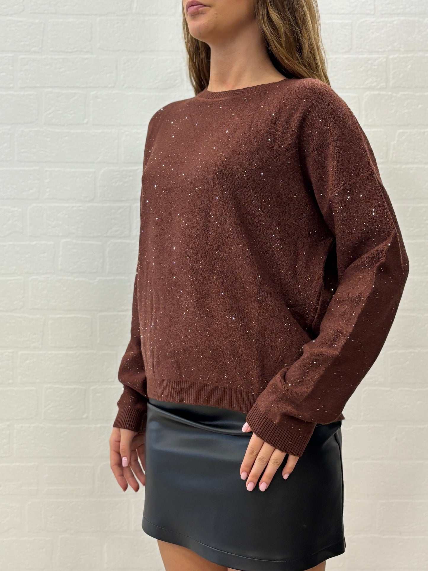 Griffai Maglia over girocollo ml con paillettes argento MARRONE