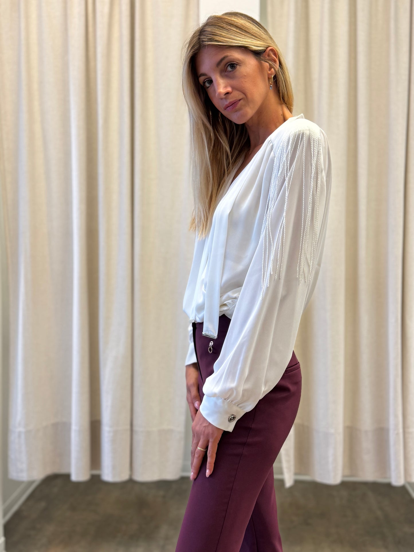 Relish Blusa ml incrocio con frangia PANNA