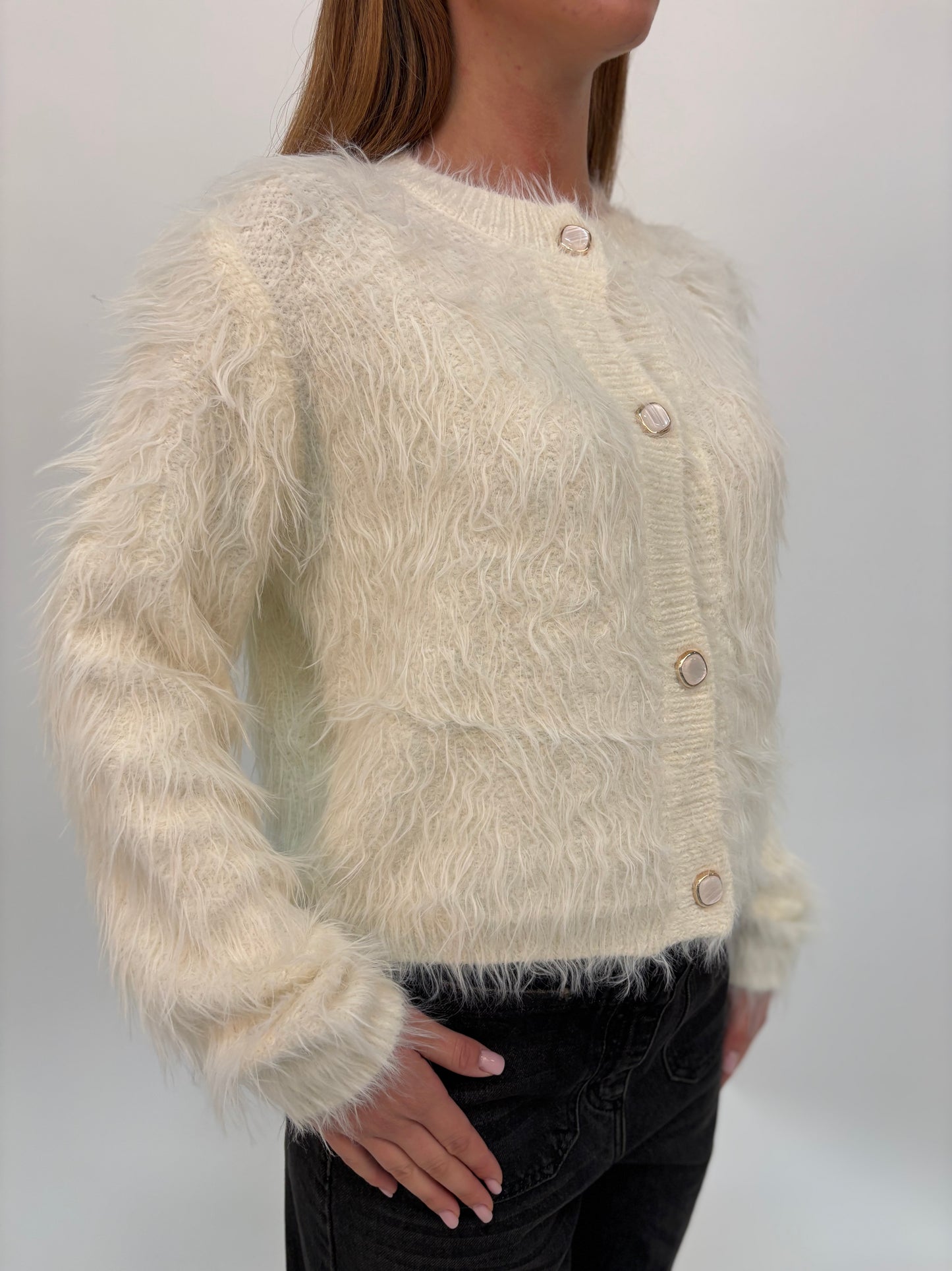 Molly Bracken Cardigan corto girocollo peluche PANNA