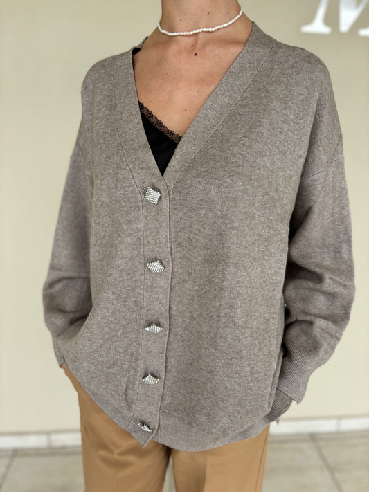 Loft88 Cardigan over, spacchetti laterali, scollo v, bottoni gioiello SABBIA