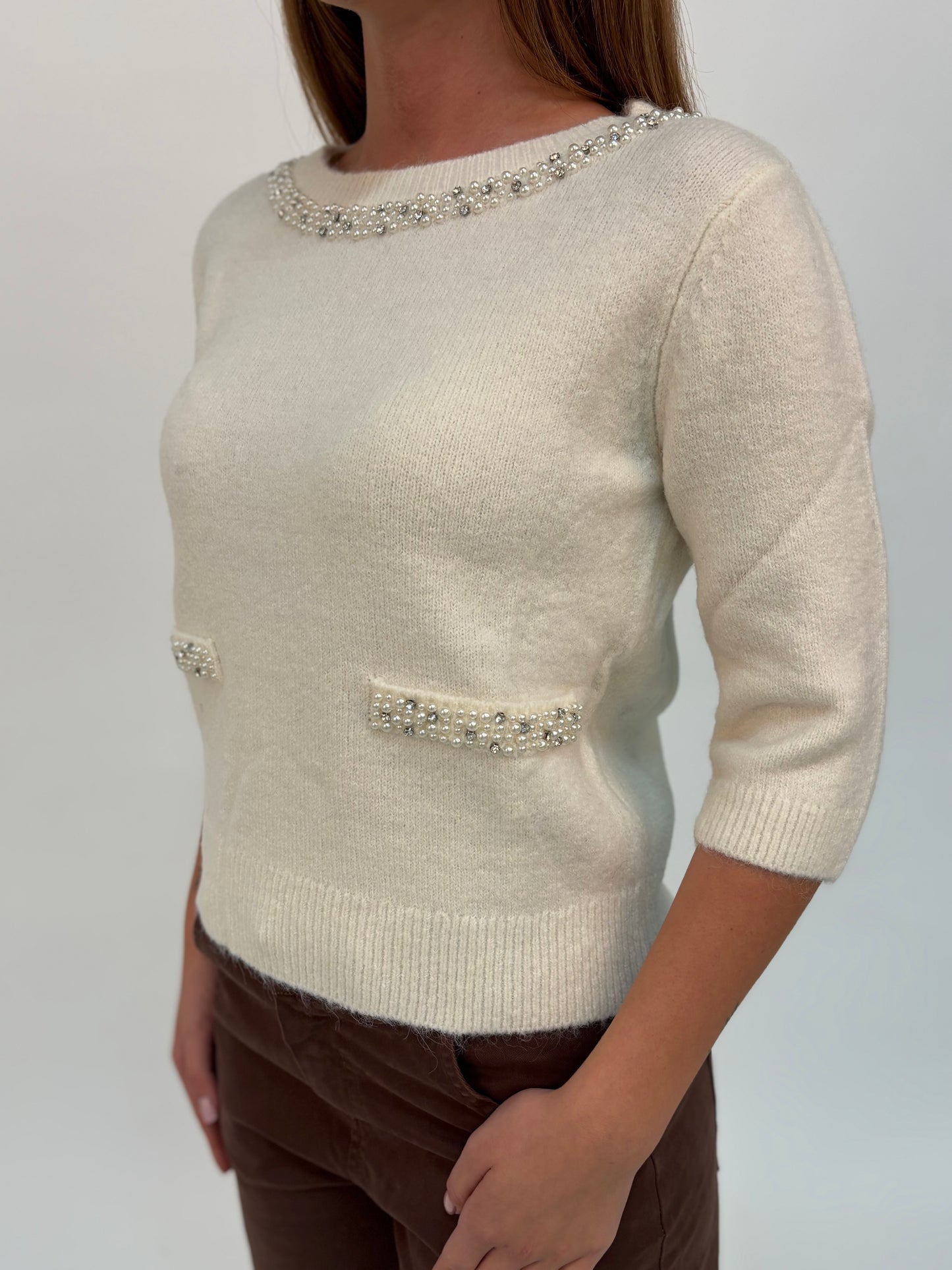 Kocca Maglia m/l girocollo perle strass PANNA