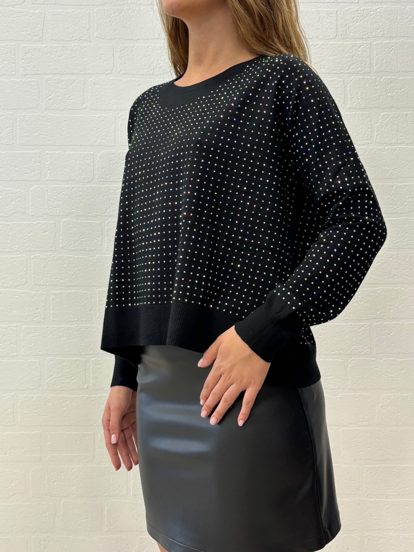 Griffai Maglia  ml girocollo con strass colorati NERO