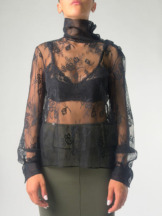 Maglia ml collo alto in pizzo trasparente