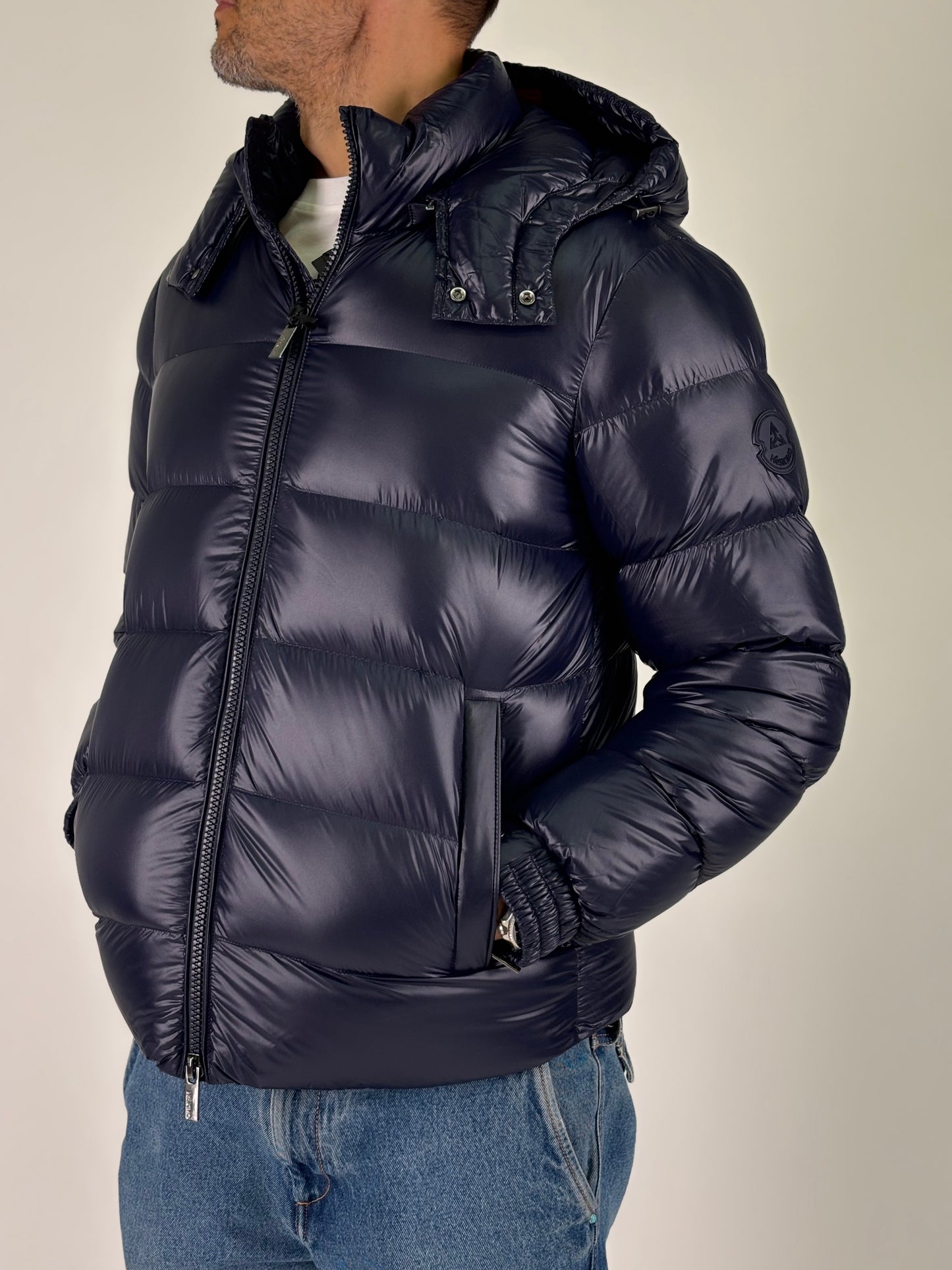 Heskimo piumino corto con cappuccio vera piuma d'oca BLU