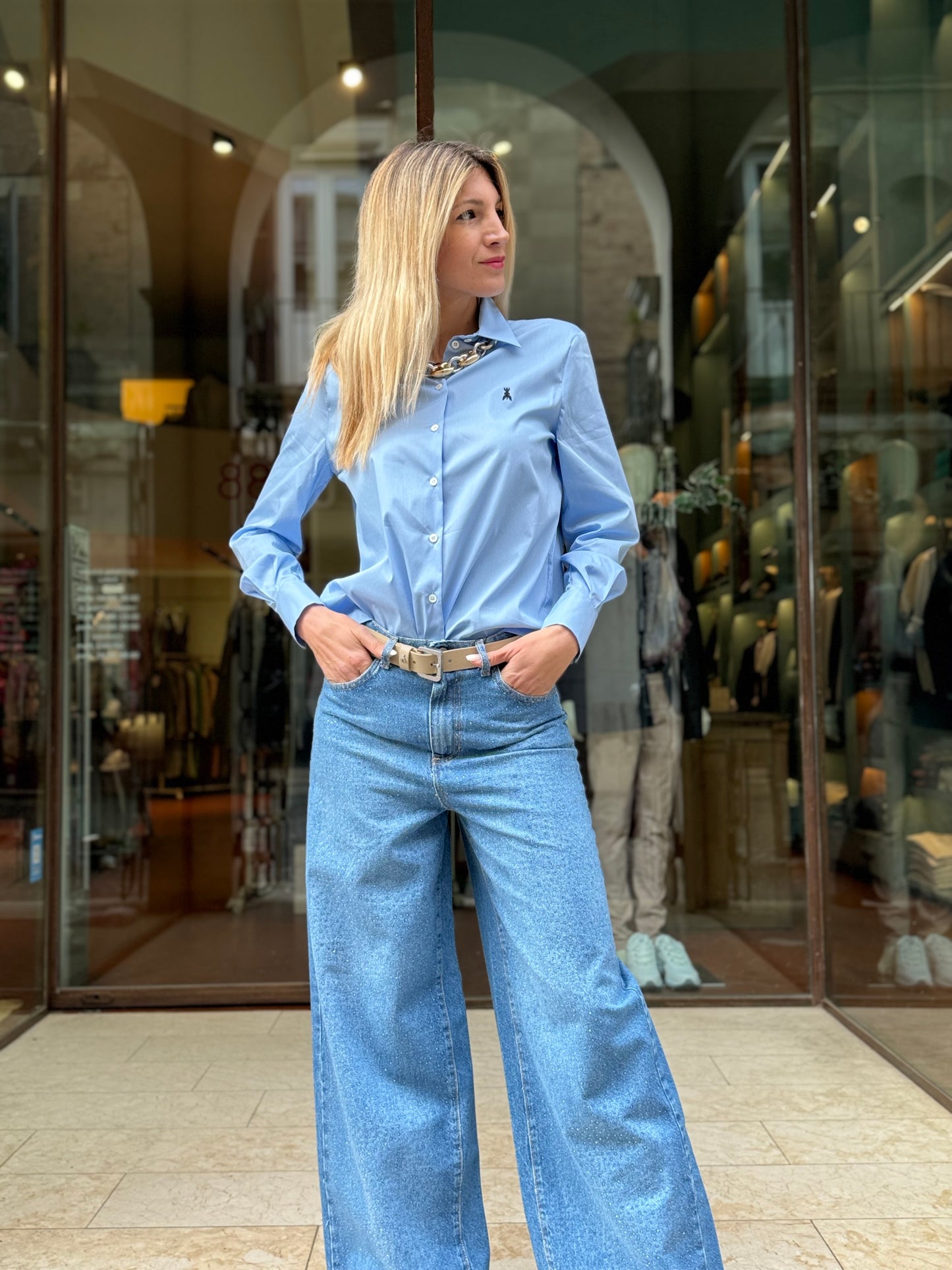 PATRIZIA PEPE camicia con spacco dietro cotone CELESTE