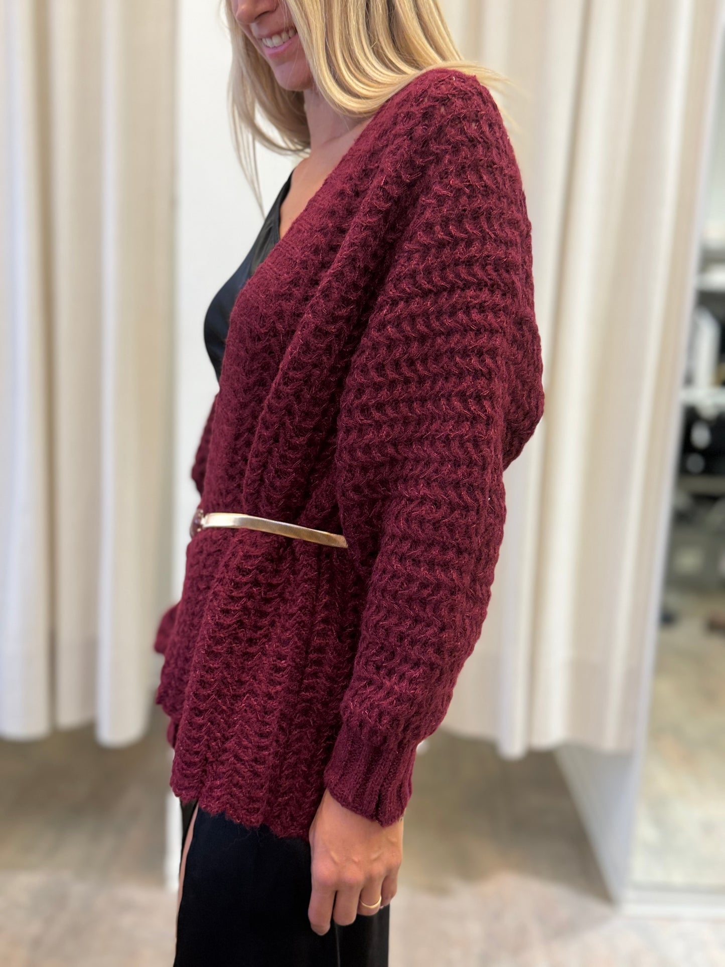 Molly Bracken Cardigan lungo in maglia grossa aperto BORDEAUX