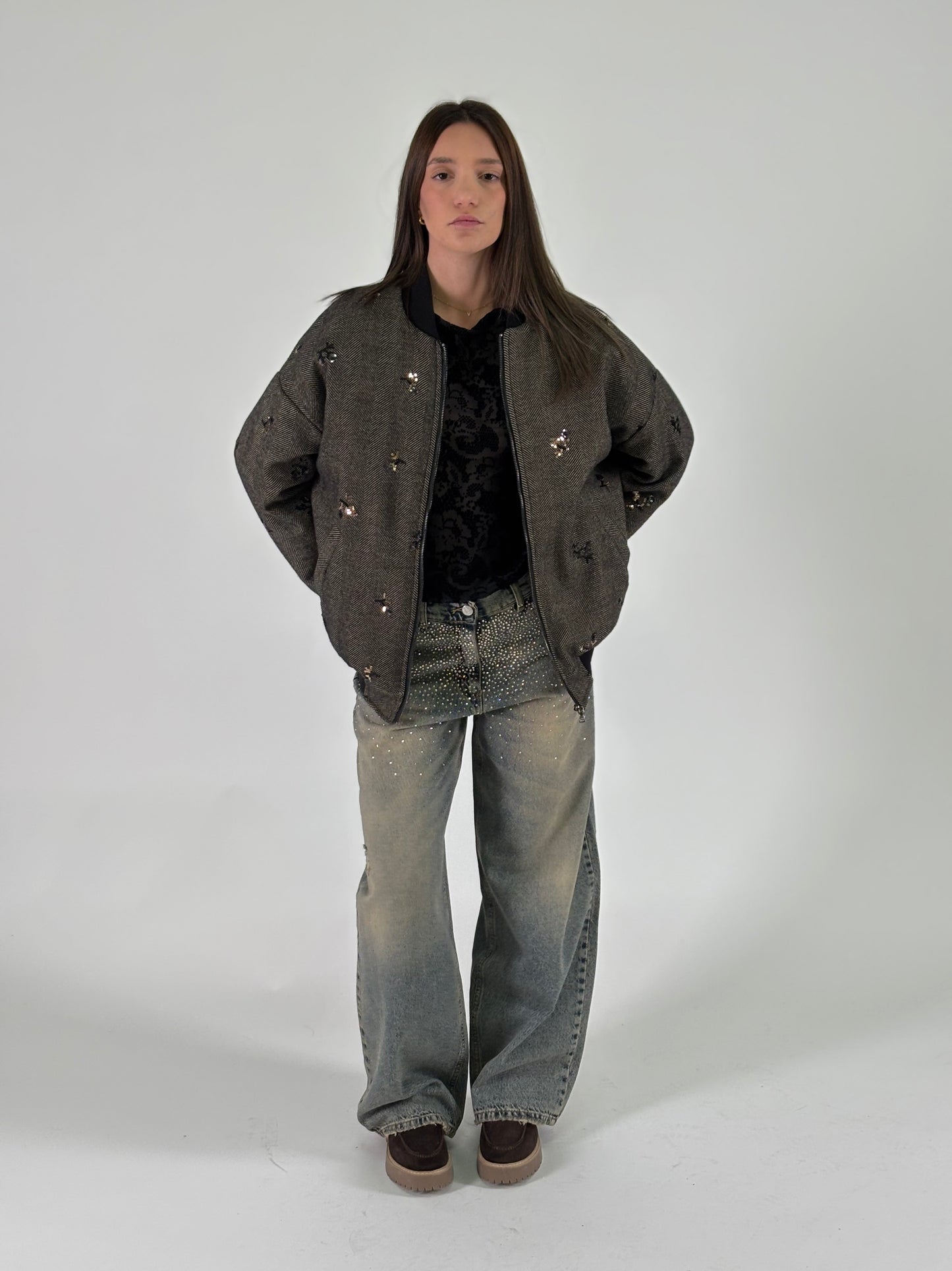 Susy Mix Giubbino bomber spinato NERO/BEIGE
