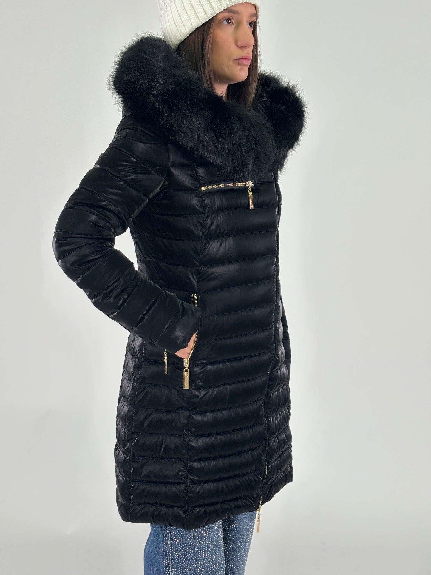 Relish Piumino lungo effetto satin con cappuccio NERO