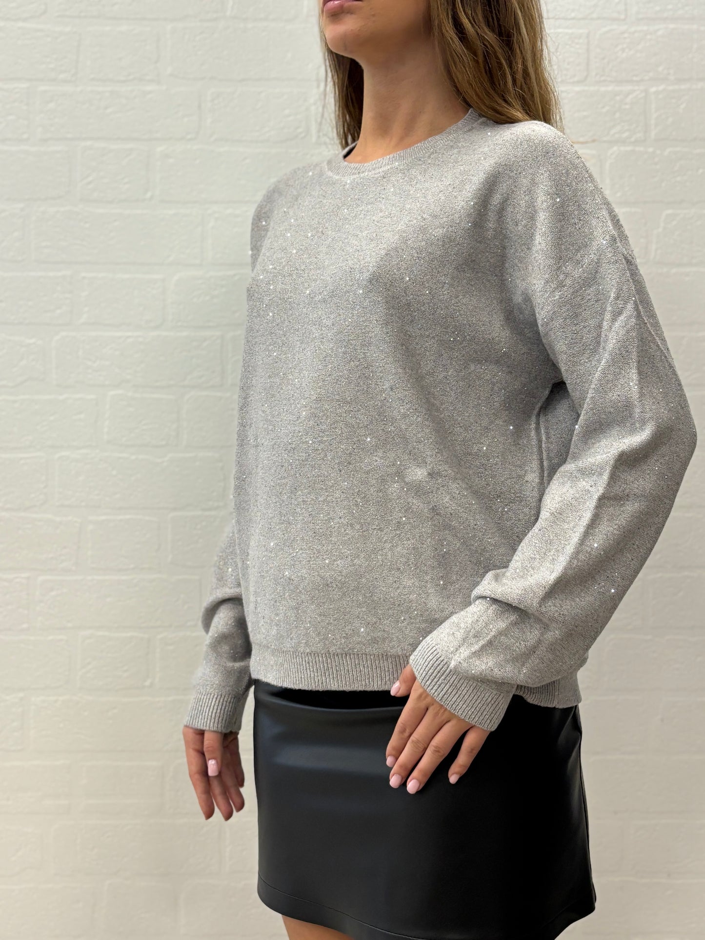Griffai Maglia over girocollo ml con paillettes argento PERLA