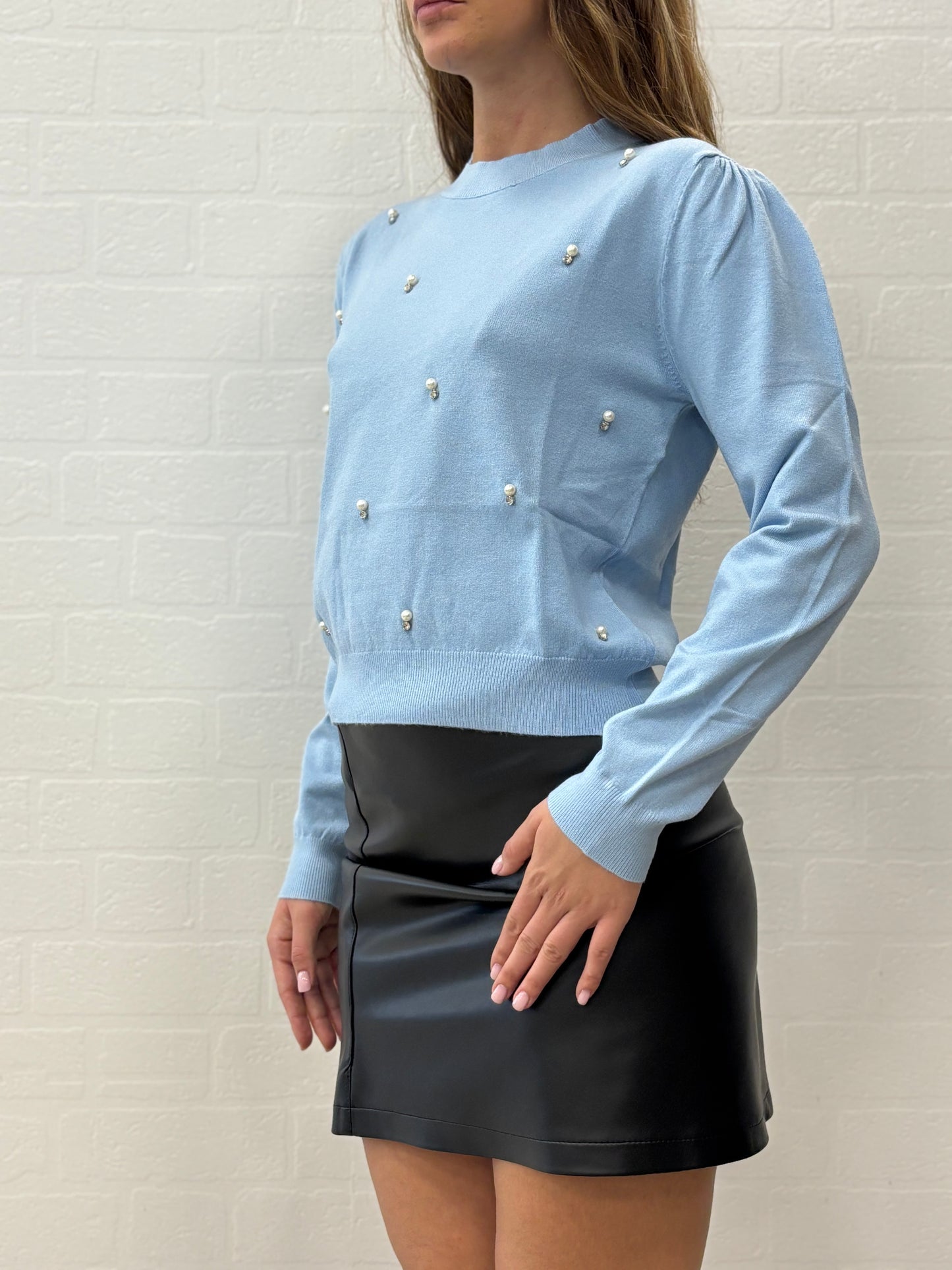 Griffai Maglia ml sbuffo con perle e strass CELESTE