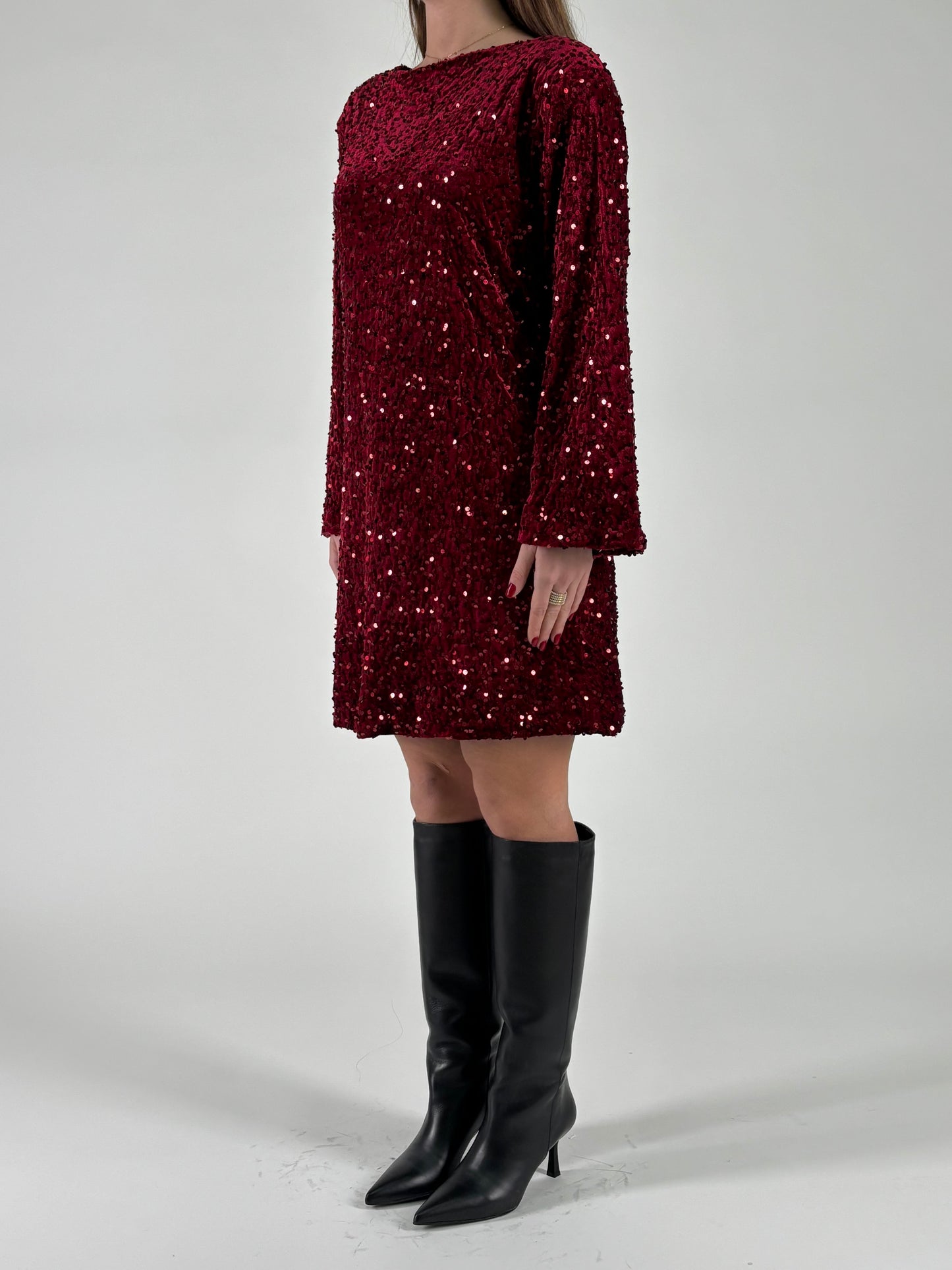 Aglaea Abito corto girocollo ml in paillettes rosse ROSSO