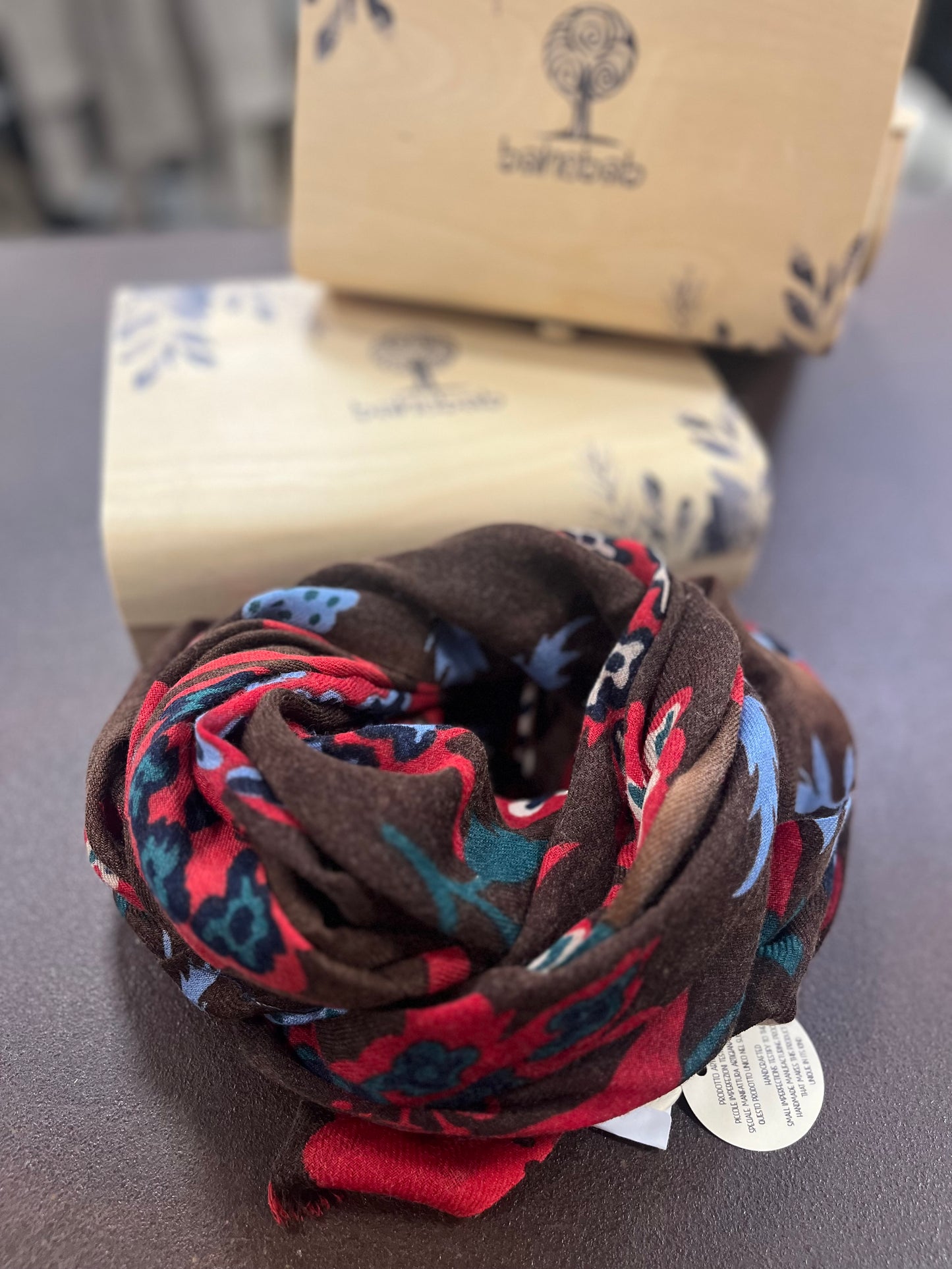 Bahobab Sciarpa 100% lana fantasia fiori ROSSO/BLU/GRIGIO/OTTANIO