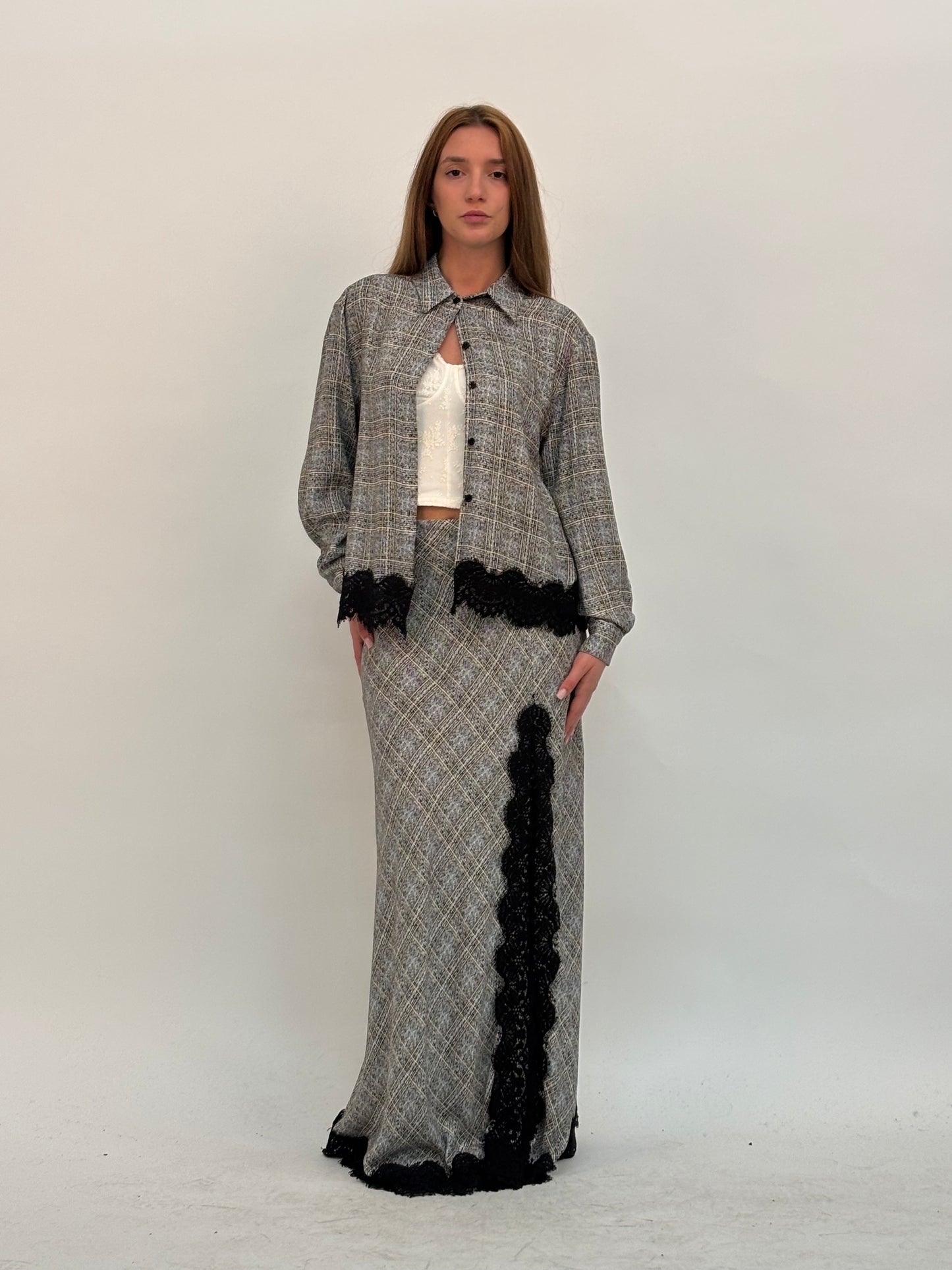 Haveone Gonna lunga con pizzo nero SCACCO NERO/BEIGE/PANNA