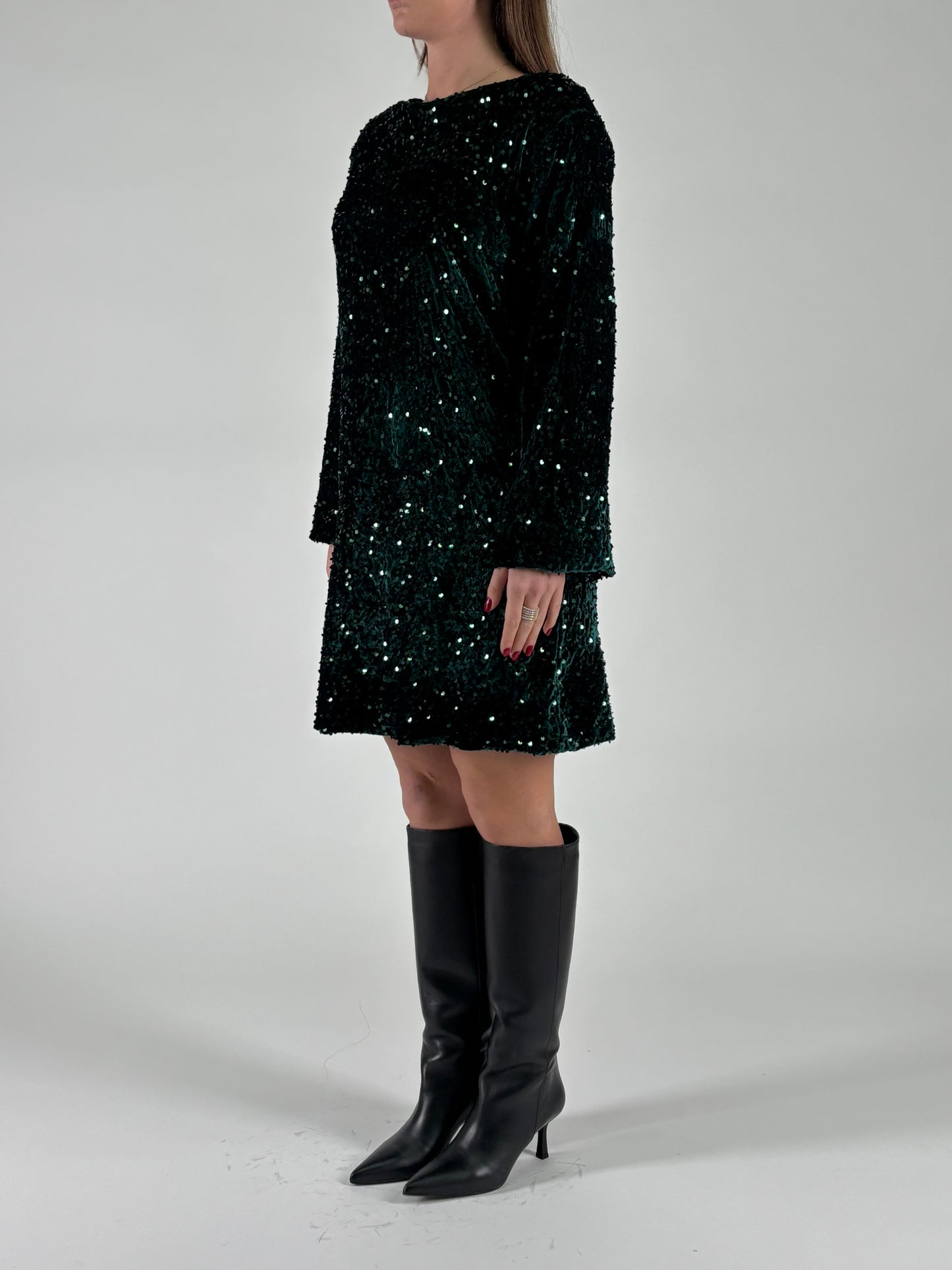 Aglaea Abito corto girocollo ml in paillettes verdi VERDE