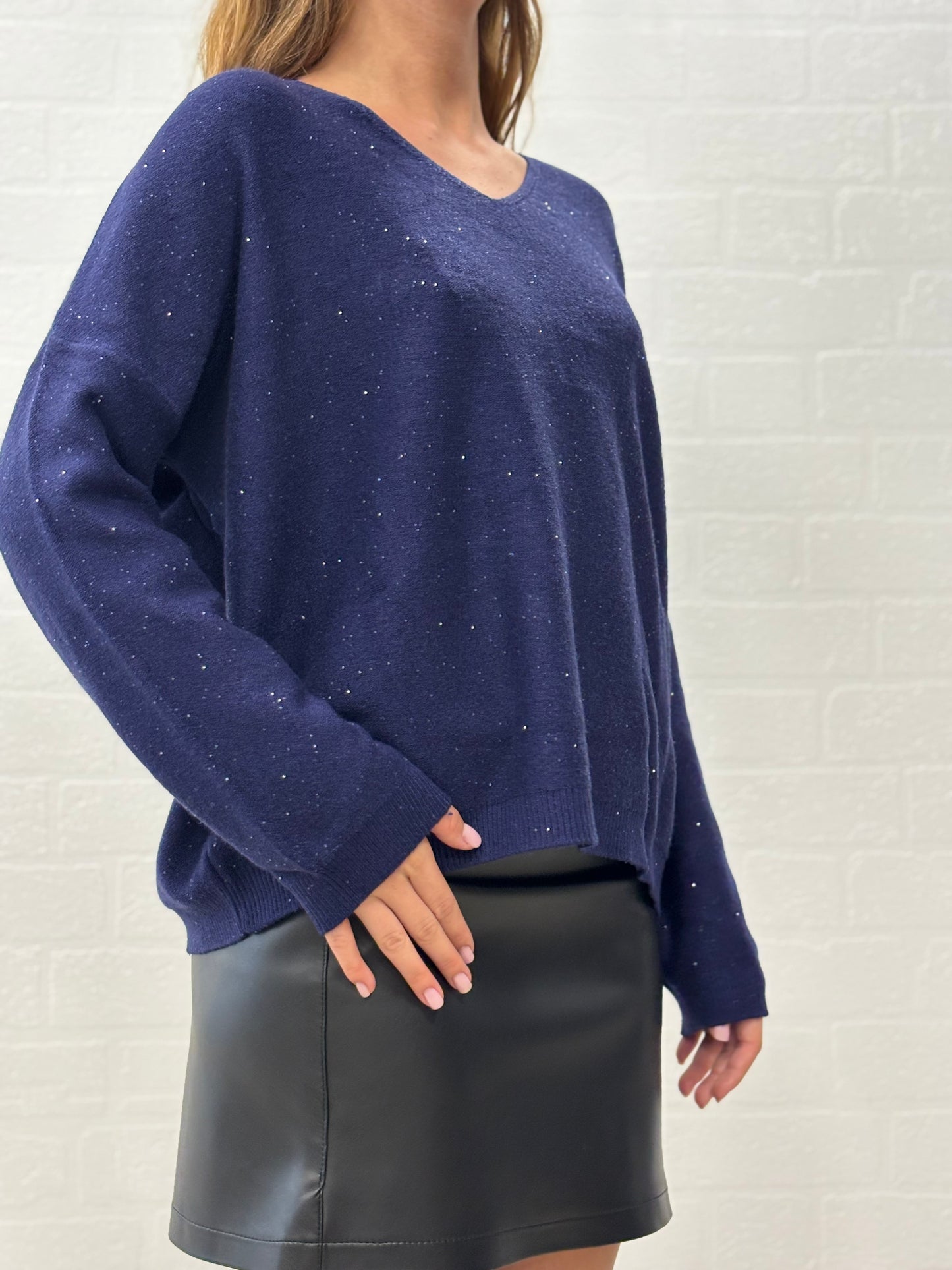Griffai Maglia over con paillettes argento collo V BLU