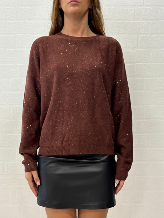 Griffai Maglia over girocollo ml con paillettes argento MARRONE