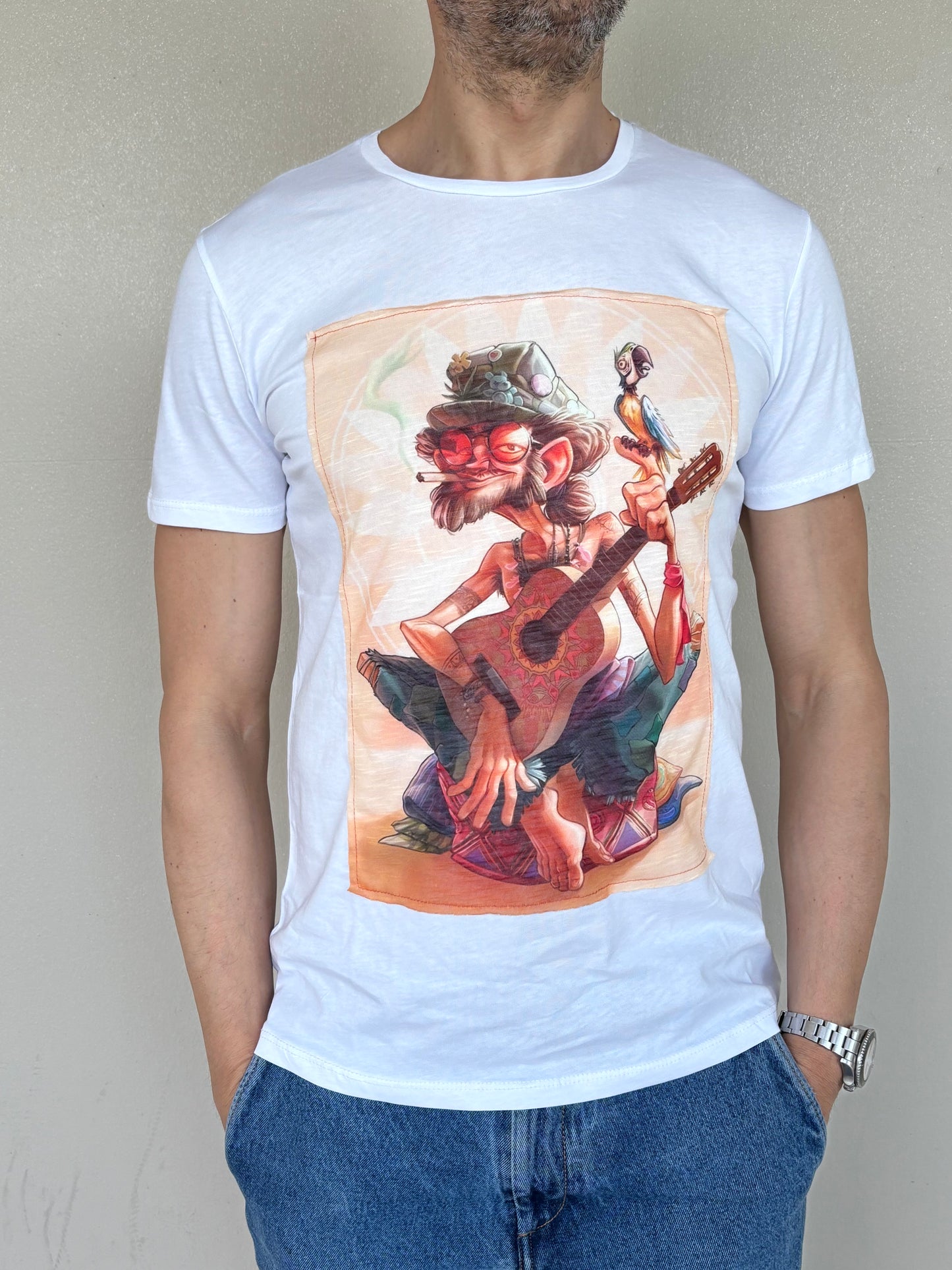 Trepuntonove t-shirt mm uomo con chitarra e sigaretta BIANCO