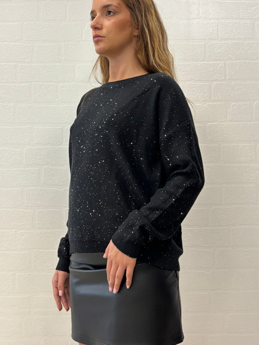 Griffai Maglia over girocollo ml con paillettes argento NERO