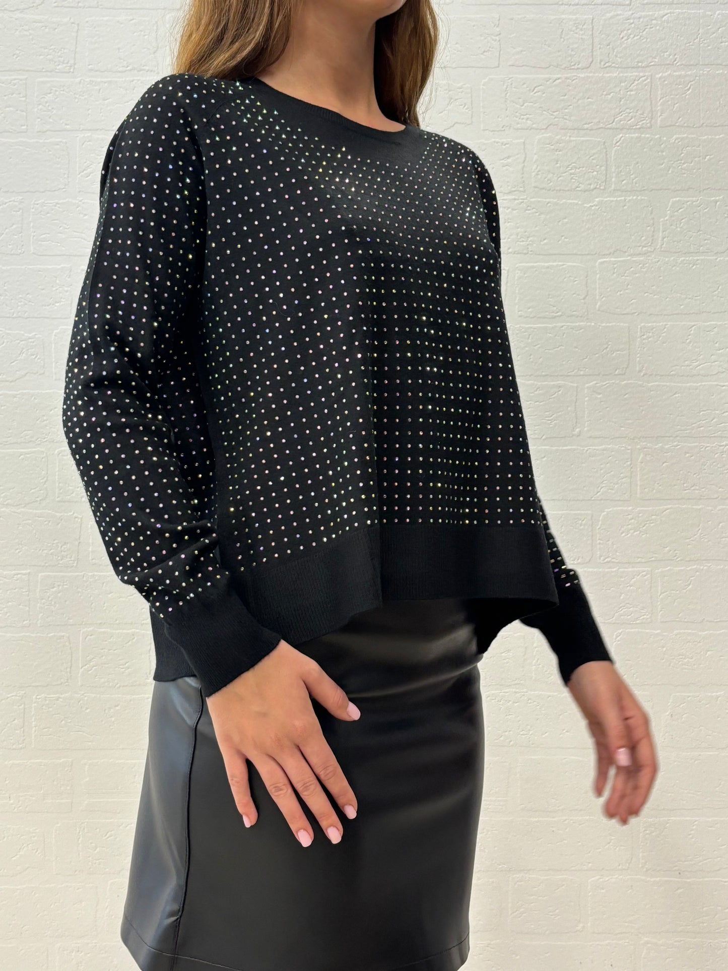 Griffai Maglia  ml girocollo con strass colorati NERO