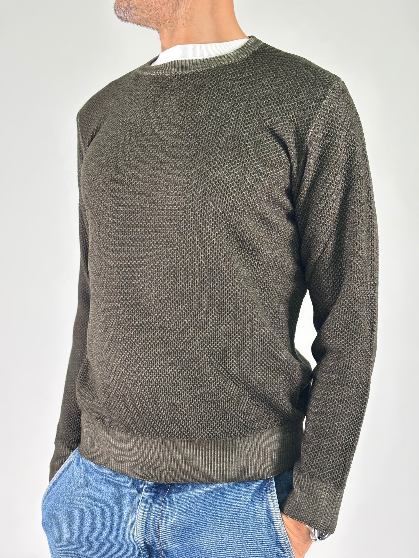 Sporting Mare Maglia girocollo nido d'ape in lana MILITARE