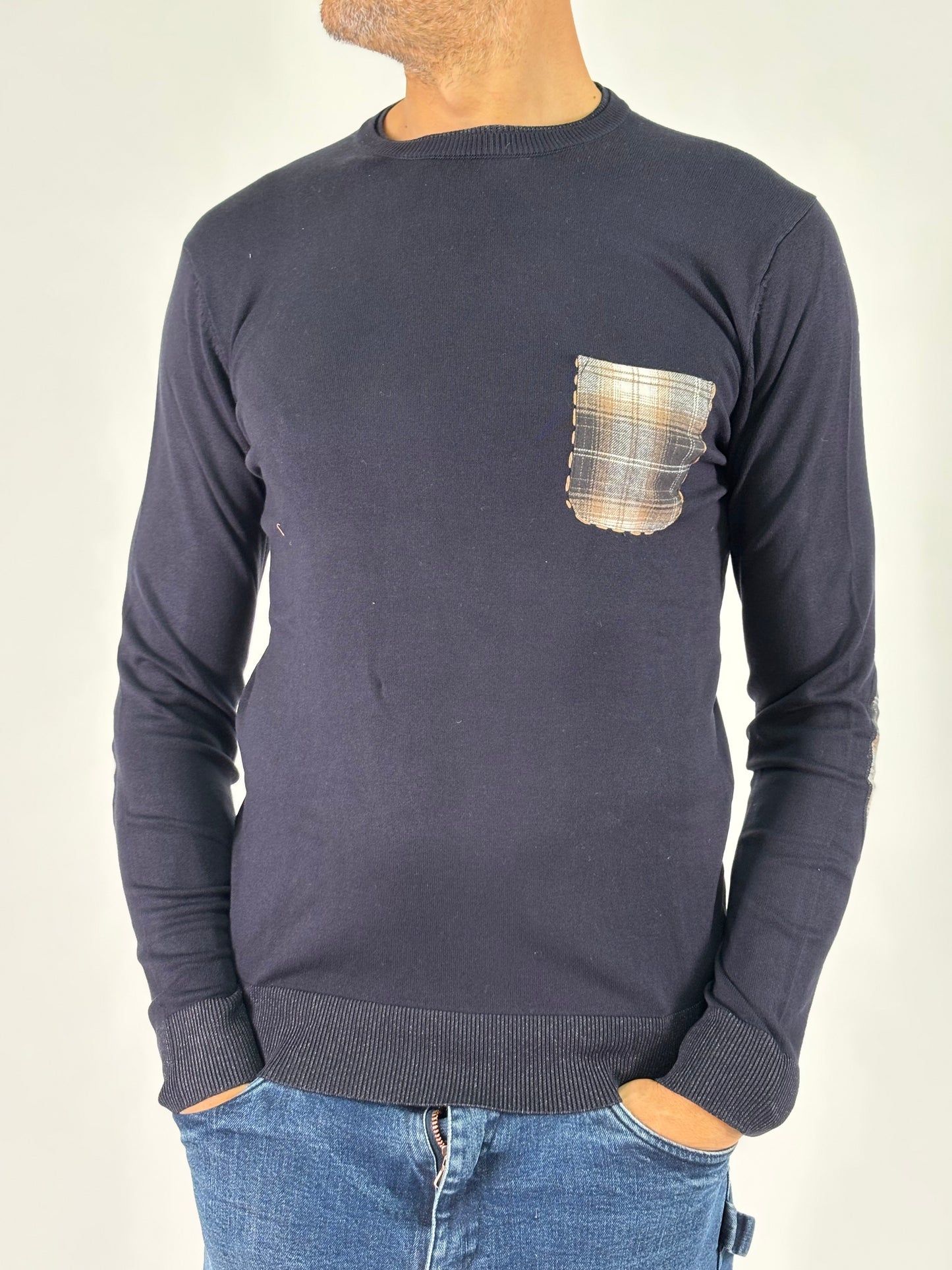 Loft88 Maglia girocollo con taschino e toppe a scacchi BLU