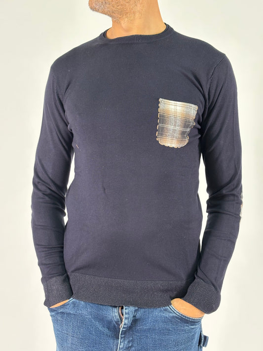 Loft88 Maglia girocollo con taschino e toppe a scacchi BLU