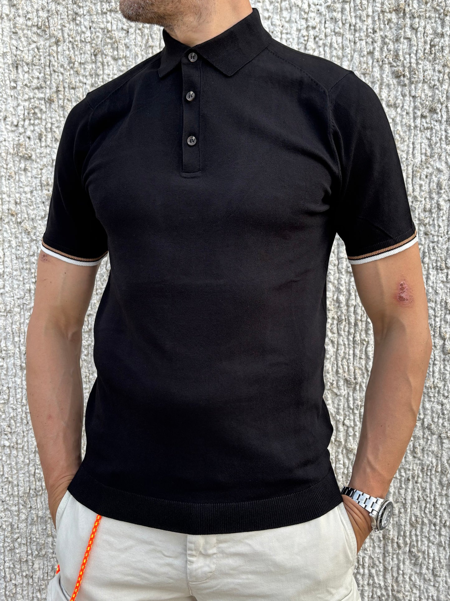 loft88 polo mezza manica bordo beige bianco  in filo di cotone  NERO