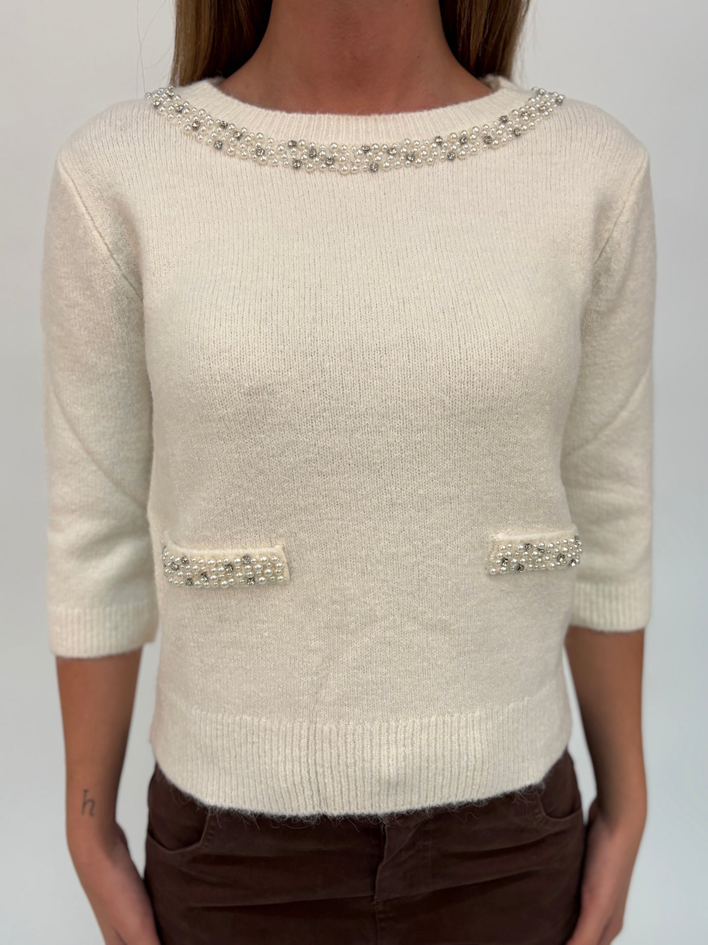 Kocca Maglia m/l girocollo perle strass PANNA