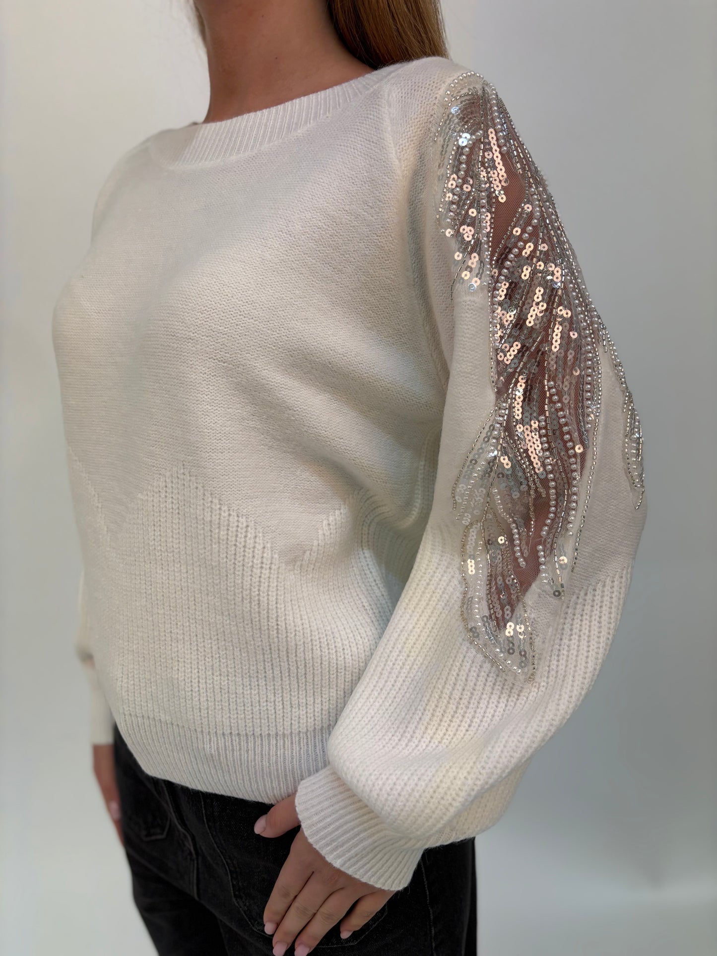 Molly Bracken Maglia con inserto paillettes nella manica PANNA