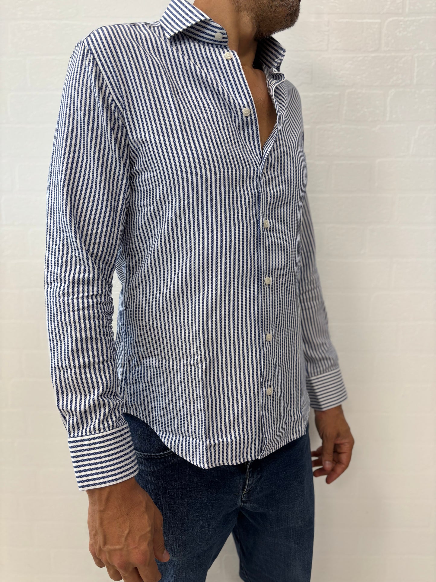 Bastoncino camicia righina blu operata