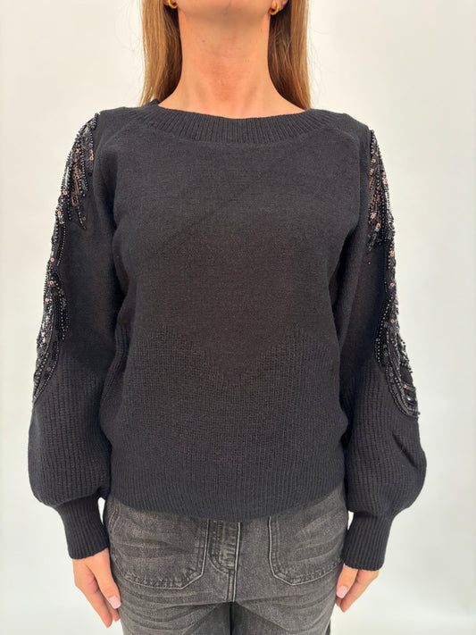 Molly Bracken Maglia con inserto paillettes nella manica NERO