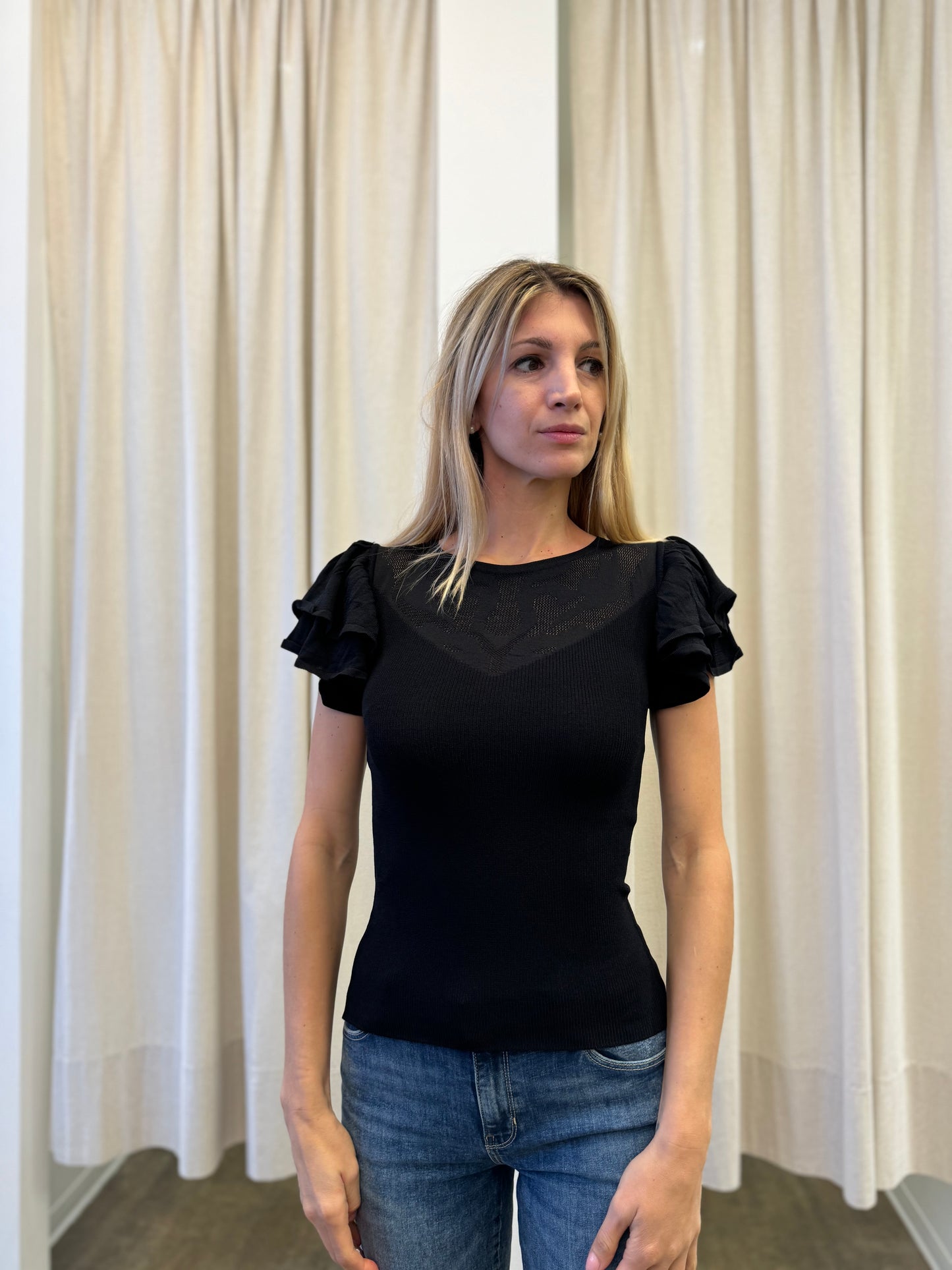 Molly Bracken Maglia m/frappe e trasparenza sullo scollo NERO