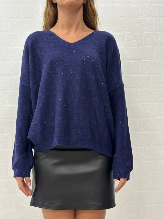 Griffai Maglia over con paillettes argento collo V BLU
