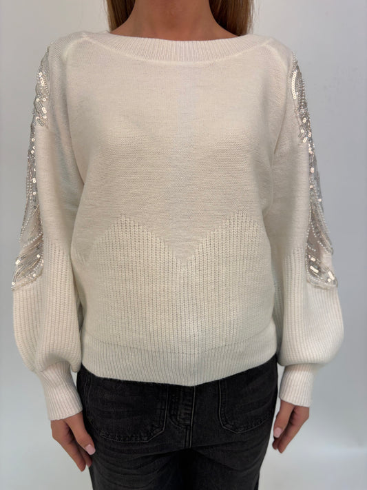 Molly Bracken Maglia con inserto paillettes nella manica PANNA