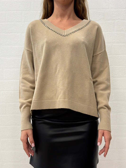 Griffai Maglia ml collo V con strass BEIGE