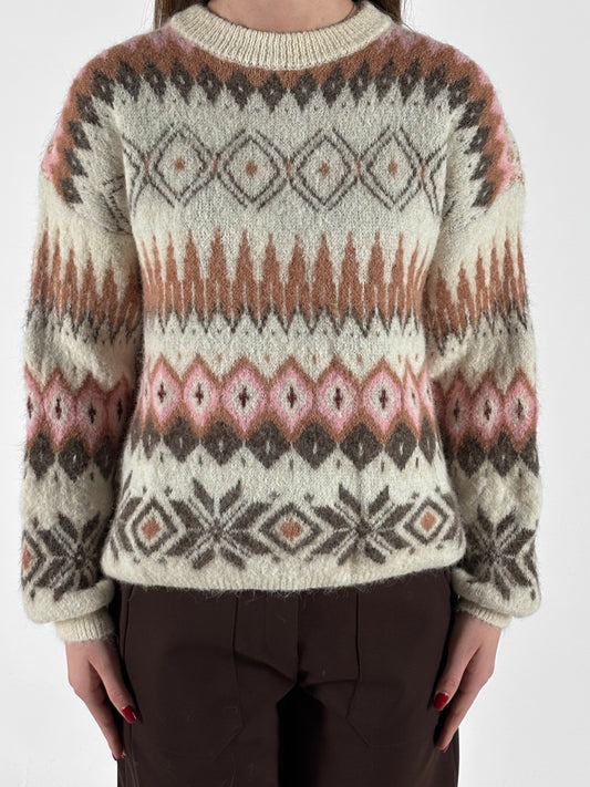 Susy mix maglia girocollo jaquard PANNA ROSA CAMMELLO