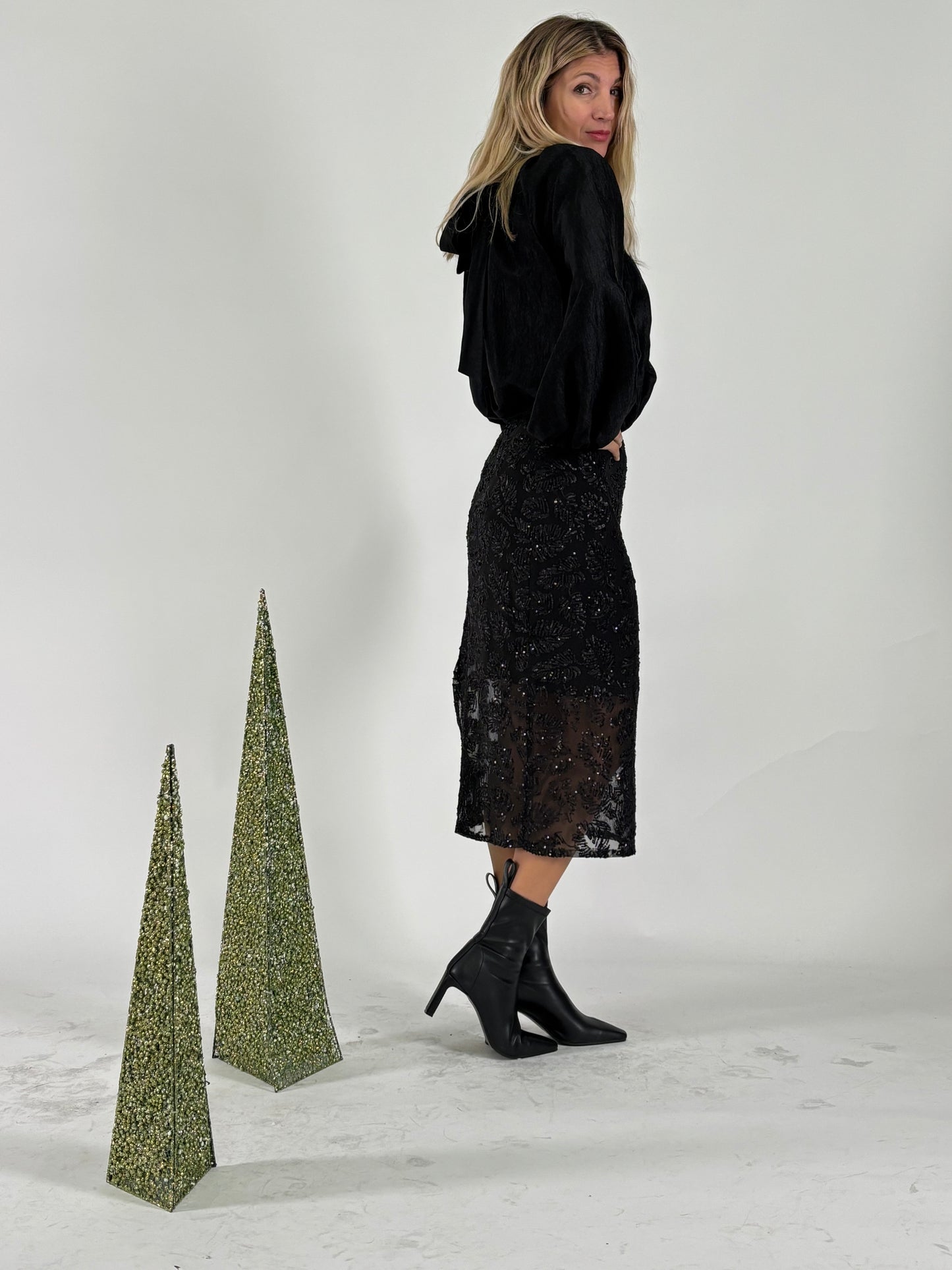 Tensione In Gonna tulle a fant. foglie in paillettes NERO