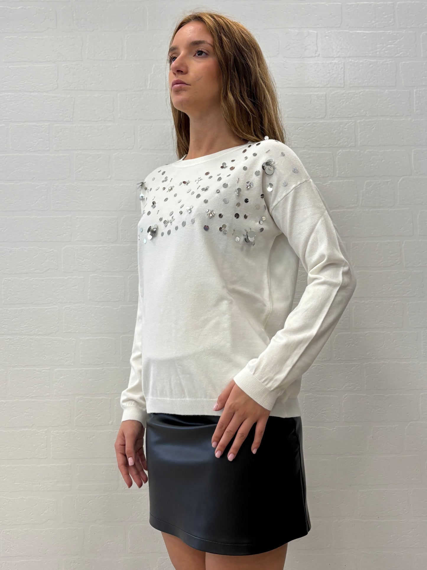 Griffai Maglia girocollo ml con paillettes e strass PANNA