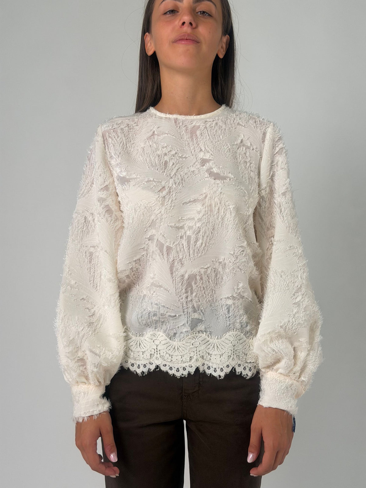 Blusa ml jacquard con pizzo