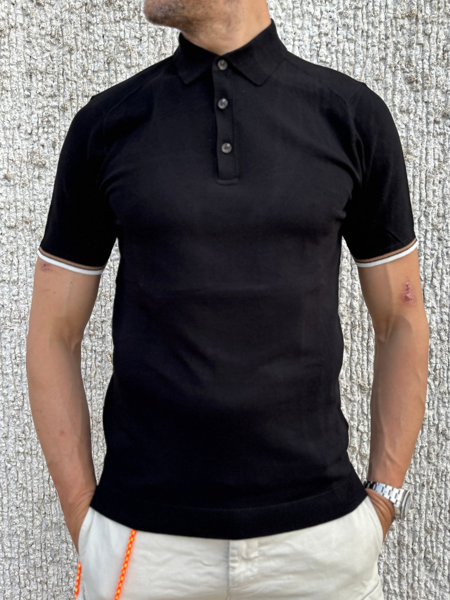 loft88 polo mezza manica bordo beige bianco  in filo di cotone  NERO